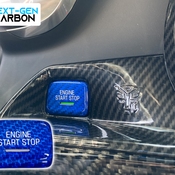 Second image of 2016 - 24 6th Gen Camaro / 2014 - 19 C7 Corvette Blue Carbon Fiber Push Start Button Cover | Next-Gen Carbon