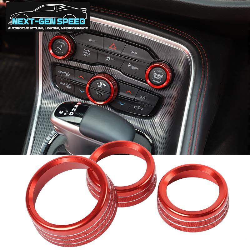 2015-UP - Red Compatible with Dodge Challenger/Charger Challenger/Charger Control Knob Covers，Engine Start Stop Sticker Volume AC Radio Switch Button Decal Trim Aluminum Alloy Rings Set of 4 