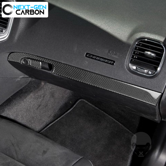 Second image of 2015 - 24 Dodge Charger / Challenger Carbon Fiber Lower Dash Glovebox Overlay | Black / Red Carbon