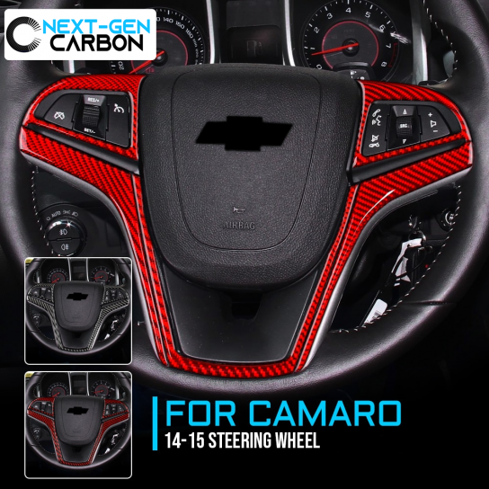 Second image of 2013-15 Camaro Real Carbon Fiber Steering Wheel Trim Cover Kit | Black / Red Carbon