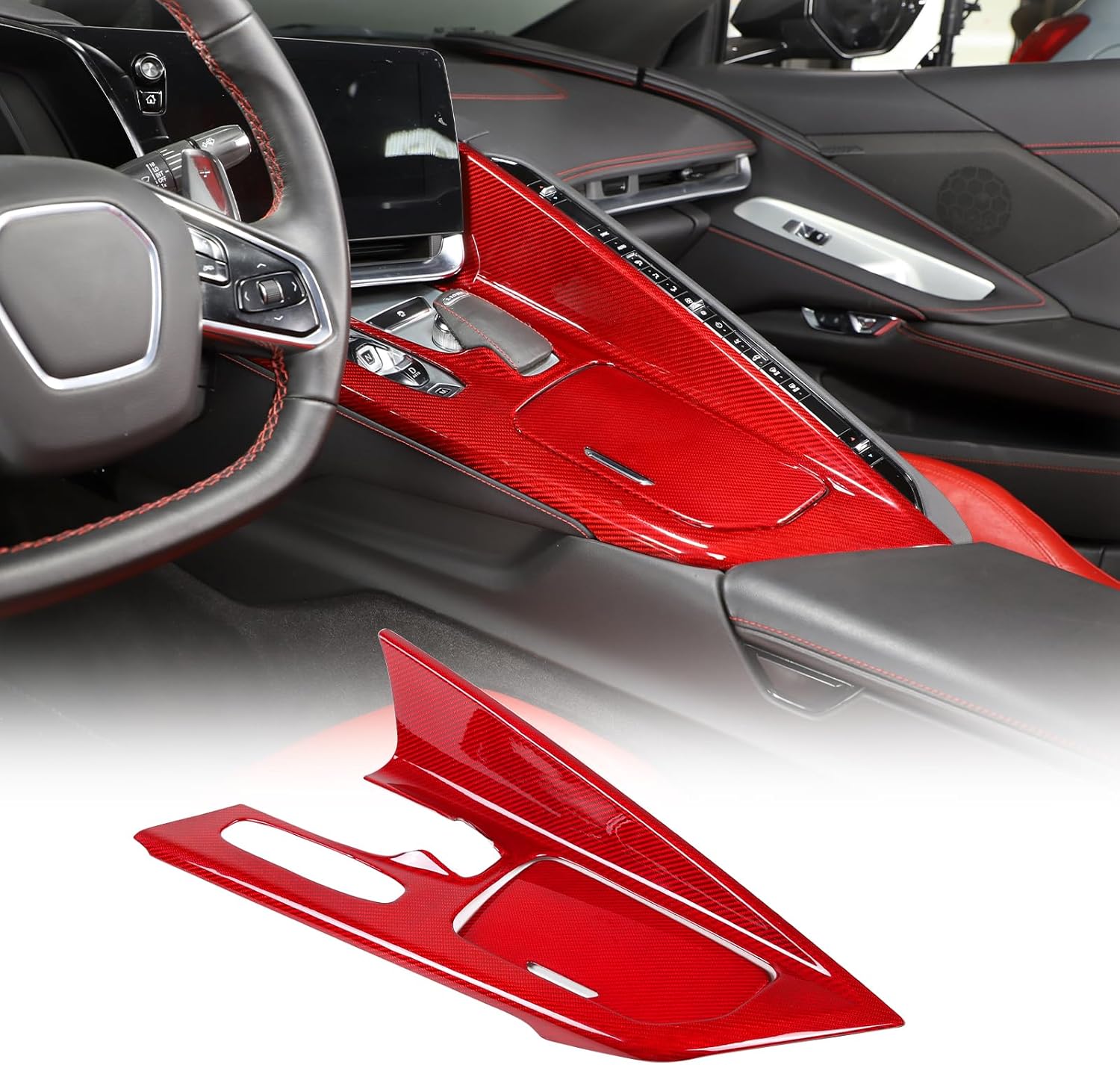 Second image of C8 Corvette Carbon Fiber Center Console Cover | Black / Red / Blue Carbon