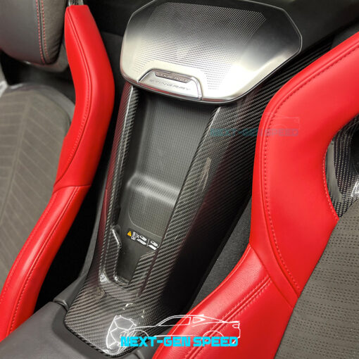 Second image of C8 Corvette Carbon Fiber Rear Waterfall Compartment Cover | Black / Red Carbon Fiber