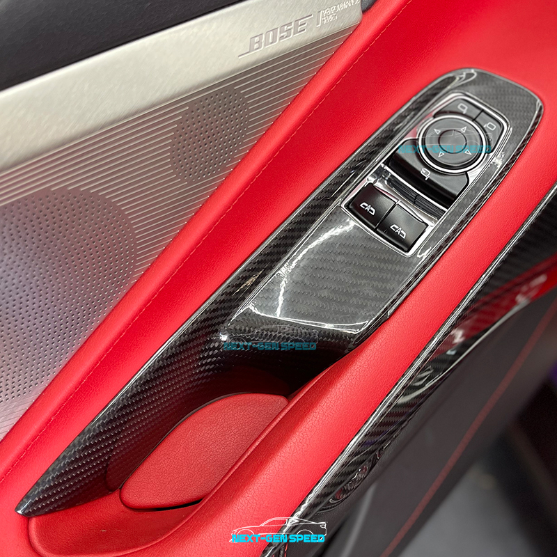 2020-24 C8 Corvette Carbon Fiber Window Switch Panel Covers (Coupe/ Convertible) Black Red Carbon Next-Gen Speed