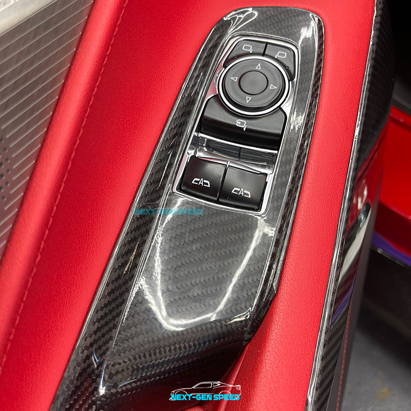 2020-24 C8 Corvette Carbon Fiber Window Switch Panel Covers (Coupe/ Convertible) Black Red Carbon Next-Gen Speed