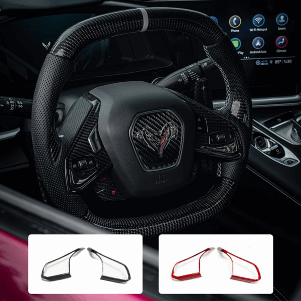 C8 Corvette Carbon Fiber Steering Wheel Chrome Button Trim Covers | Black/Red/Blue
