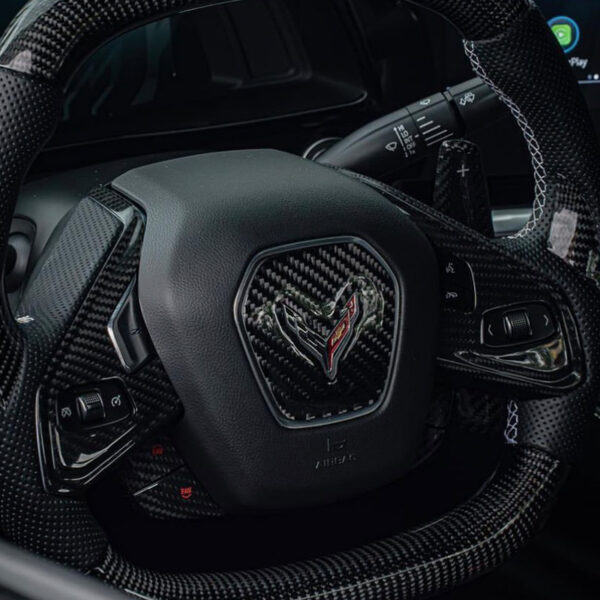 Second image of C8 Corvette Carbon Fiber Center Steering Wheel Cover | Black /Red