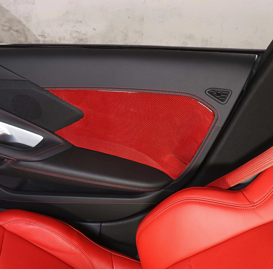 C8 Corvette Soft Carbon Fiber Door Panel Insert Covers Black / Red