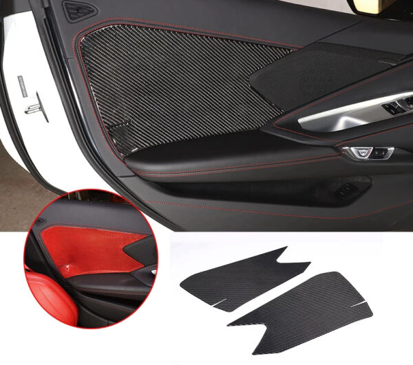 C8 Corvette Soft Carbon Fiber Door Panel Insert Covers in Black / Red | Next-Gen Carbon