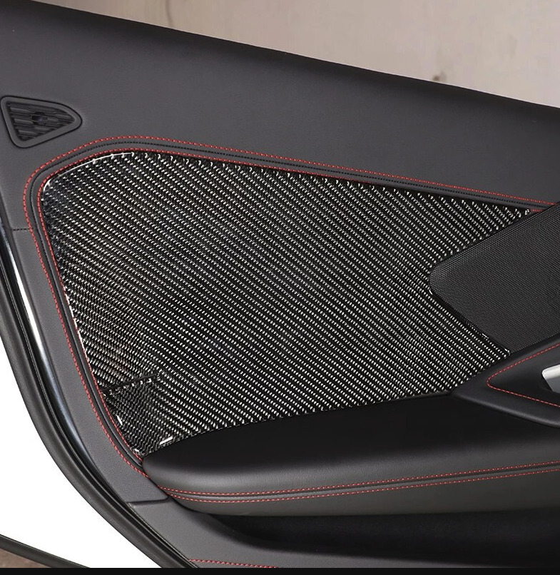 Second image of 2020 - 24 C8 Corvette Soft Carbon Fiber Door Panel Insert Covers in Black / Red | Next-Gen Carbon