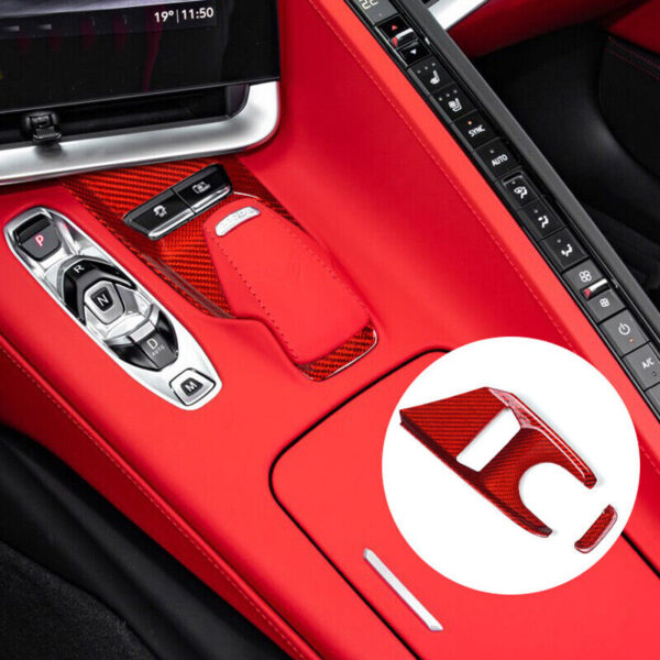 Second image of C8 Corvette Carbon Fiber Mode Selector Control Plate Cover | Black / Red Carbon