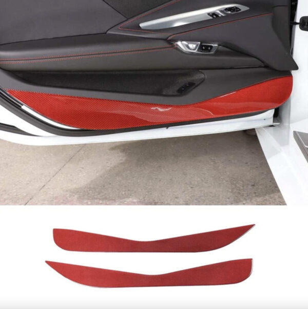 Second image of C8 Corvette Soft Carbon Fiber Door Kick Panel Insert Covers in Black / Red | Next-Gen Carbon