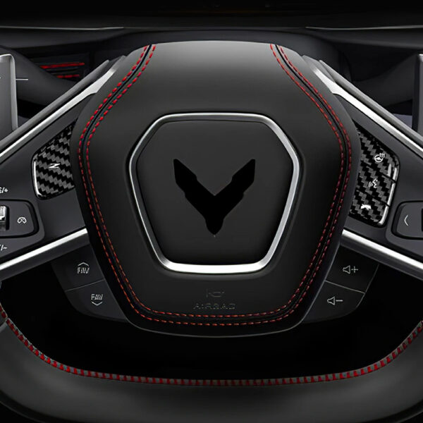 Second image of C8 Corvette Carbon Fiber Steering Wheel Button Cover Kit | Black / Red Carbon Fiber