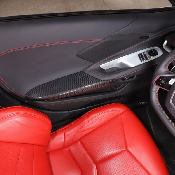 Second image of C8 Corvette Real Carbon Fiber Door Panel Armrest Covers | Black / Red