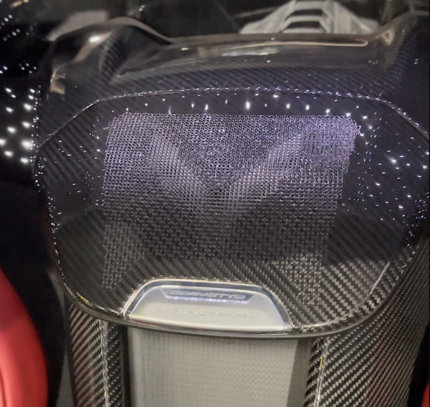 Discover the Next-Gen Speed C8 Corvette Interior: Carbon Fiber Upper Subwoofer Speaker Cover with Corvette Logo