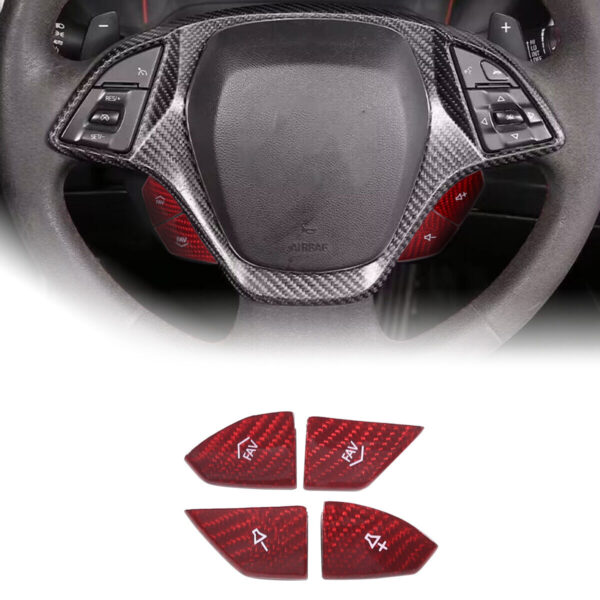 Second image of 2014 - 19 Corvette C7 Carbon Fiber Steering Volume / Fav Button Covers (Black/Red)