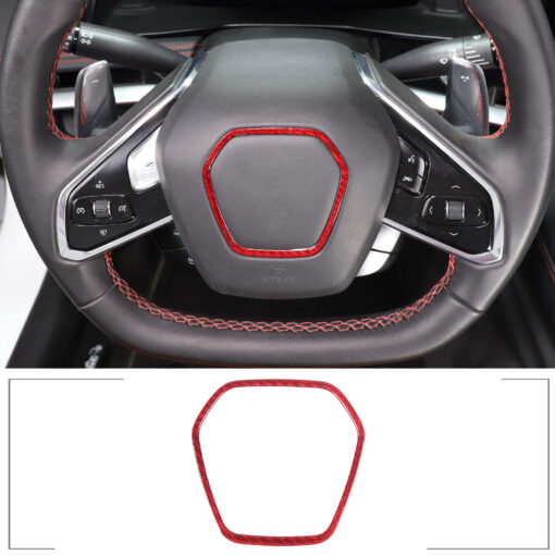 Second image of 2020 - 24 C8 Corvette Red Carbon Fiber Center Steering Wheel Chrome Trim Cover | Next-Gen Carbon