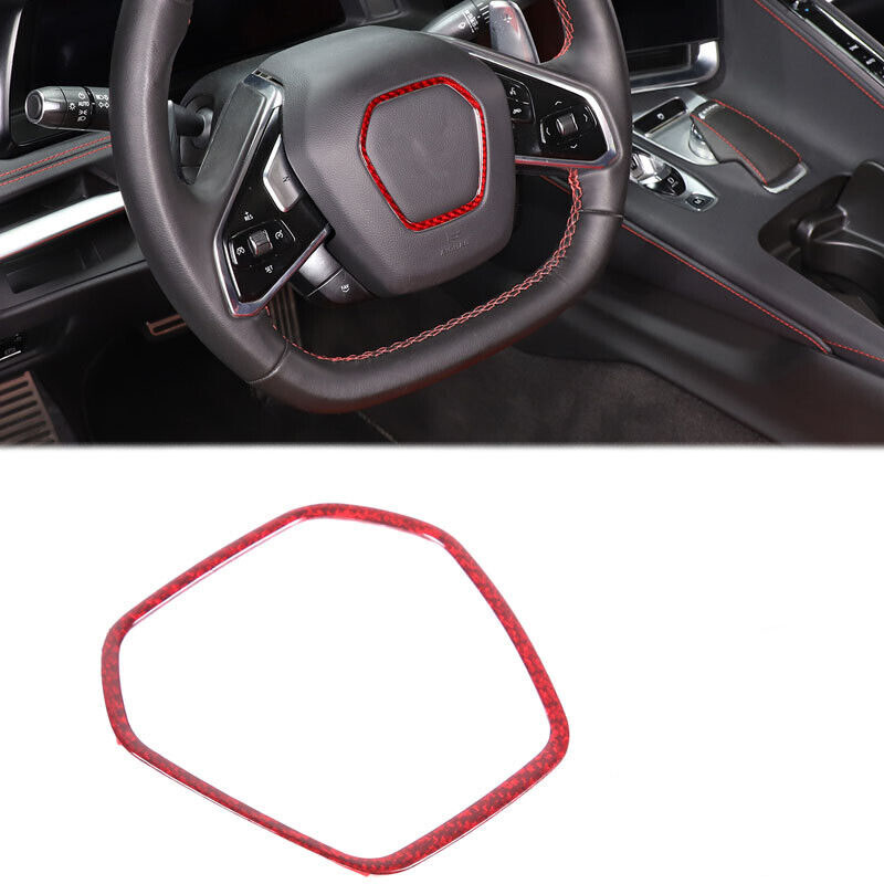 2020 - 24 C8 Corvette Red Carbon Fiber Center Steering Wheel Chrome Trim  Cover