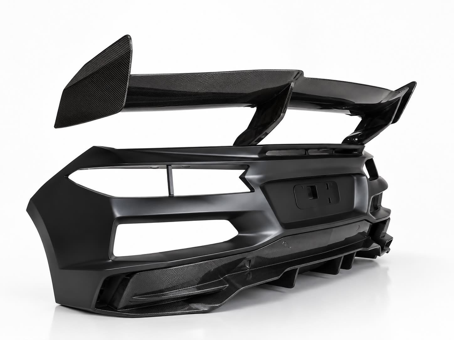 C8 Corvette ZR1 ZTK style carbon fiber high wing mounted over a C8 rear fascia
